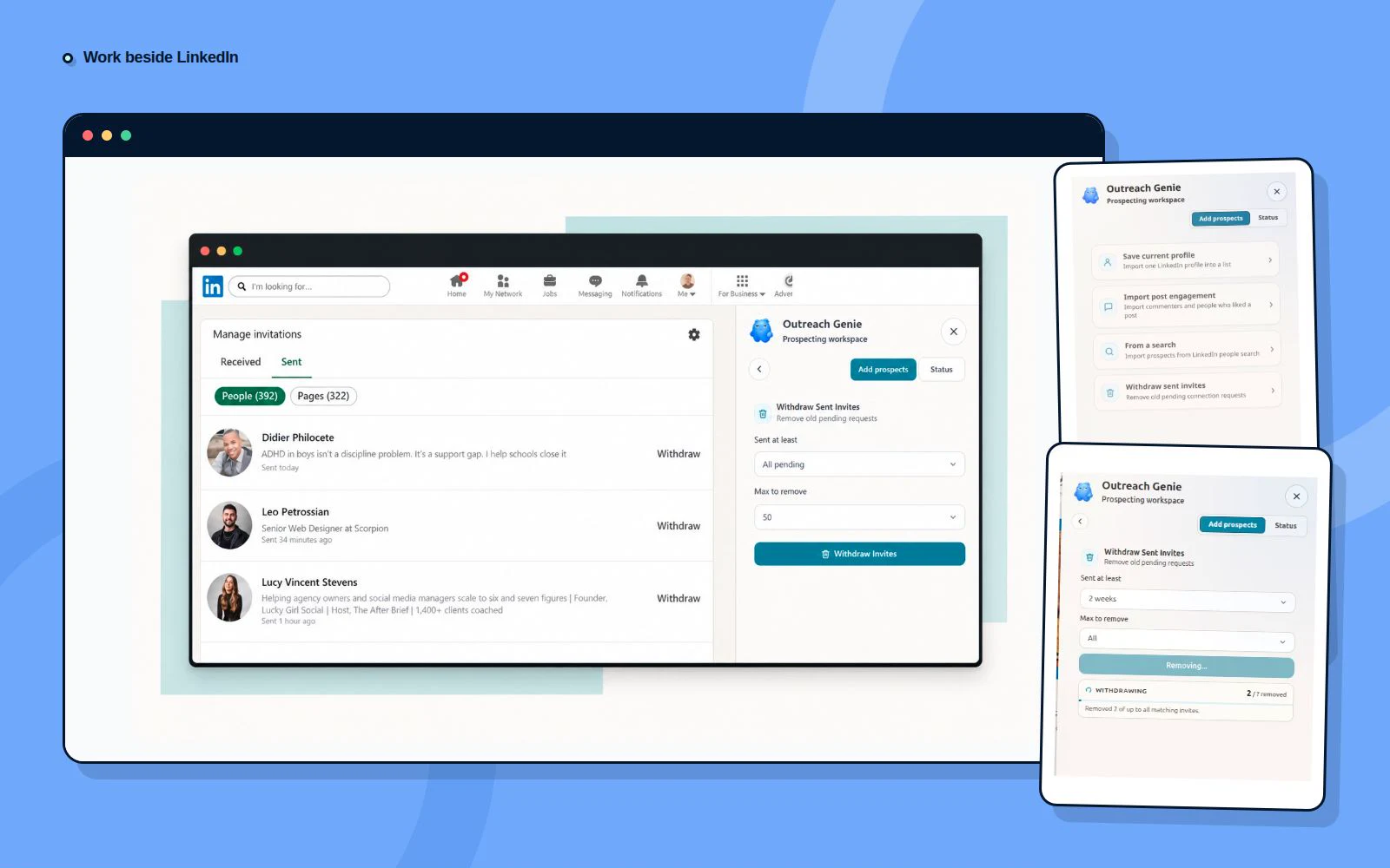 OutreachGenie browser extension beside LinkedIn