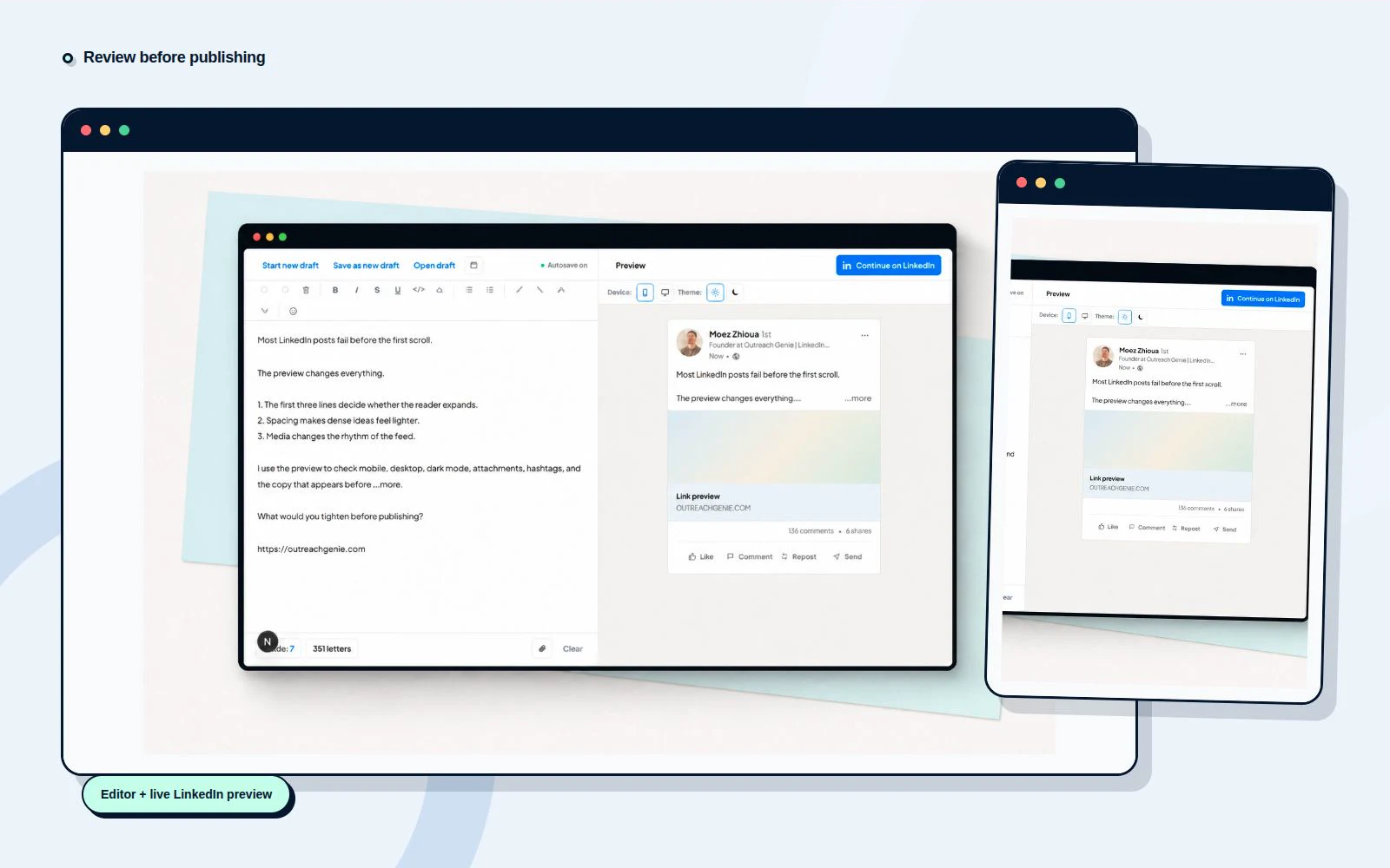 OutreachGenie LinkedIn post editor and live preview