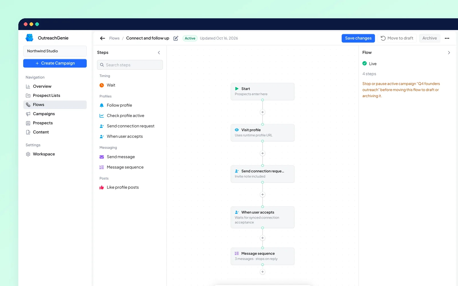 OutreachGenie visual LinkedIn outreach flow builder