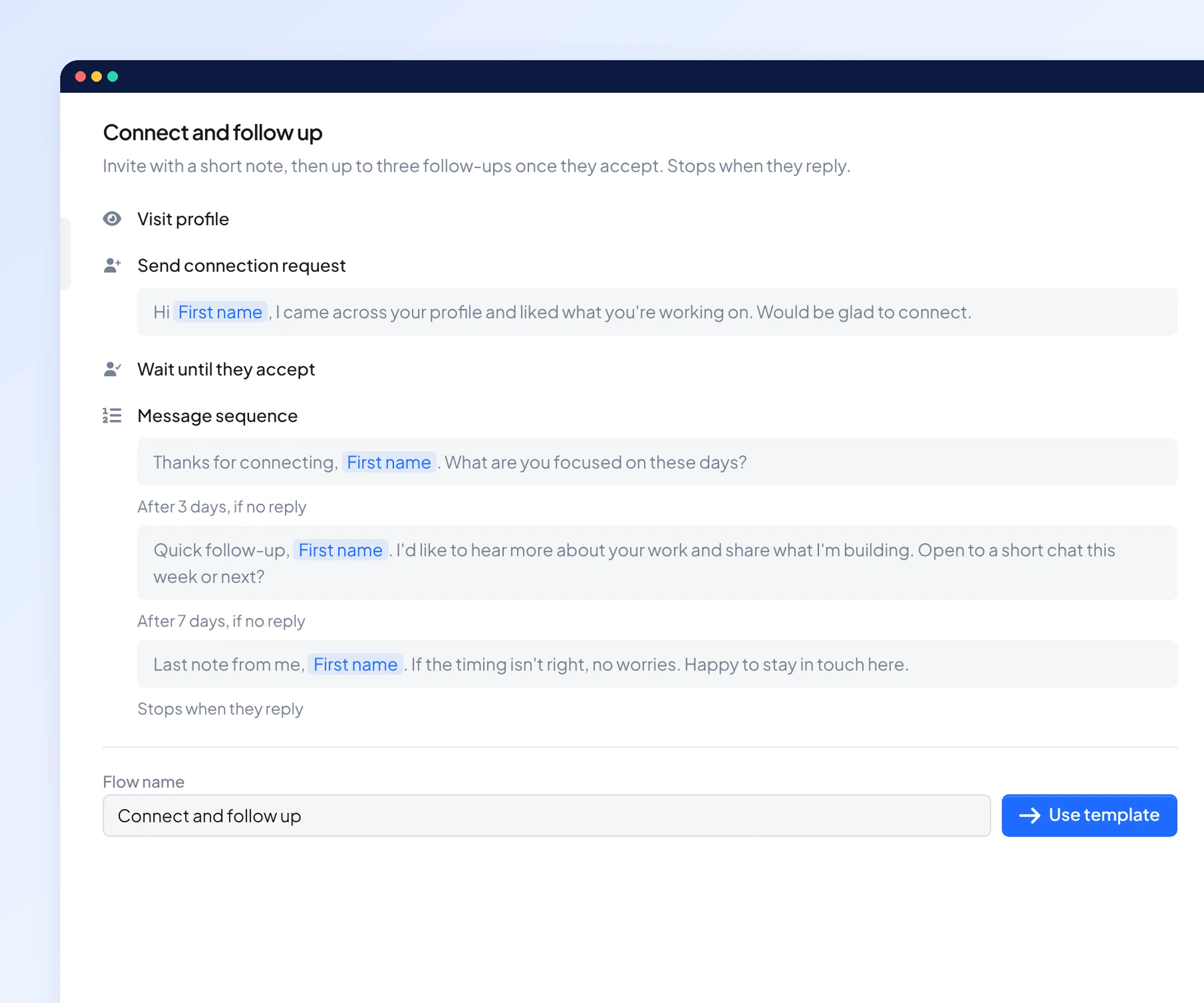 The Connect and follow up flow: a connection request note and three follow-up messages