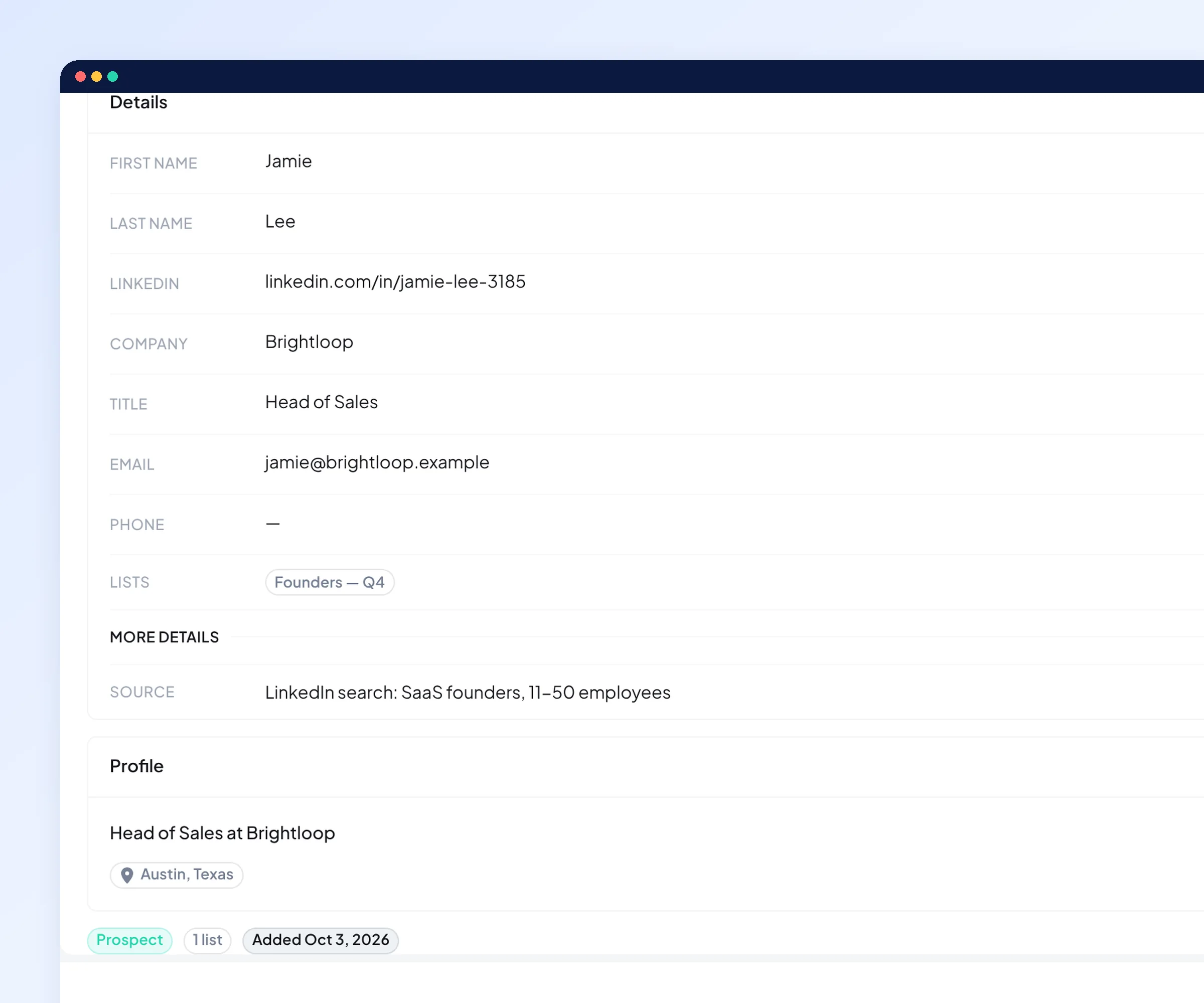 OutreachGenie prospect details with the LinkedIn search they came from kept as the source, using fictional demo data